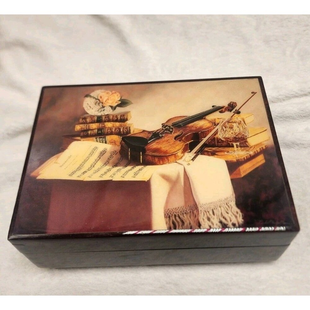 Wood Romance Musical Jewelry Box Violin Sheet Music Velvet Line Wind-Up Music